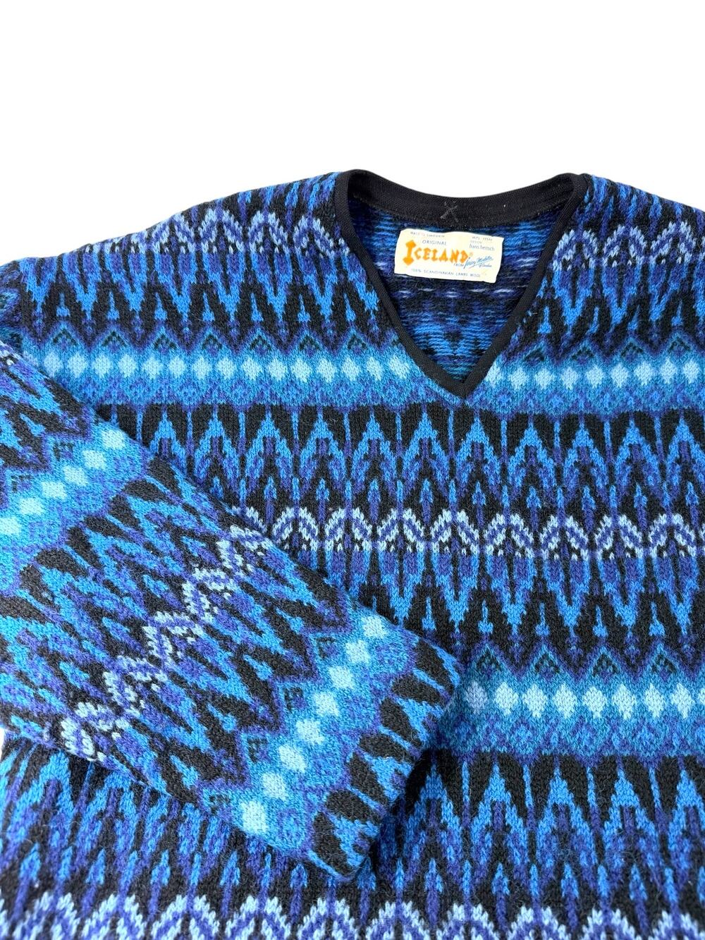 Vintage Original Iceland Hans Heitsch Sweater Blue Wool Fair Isle Made in Sweden